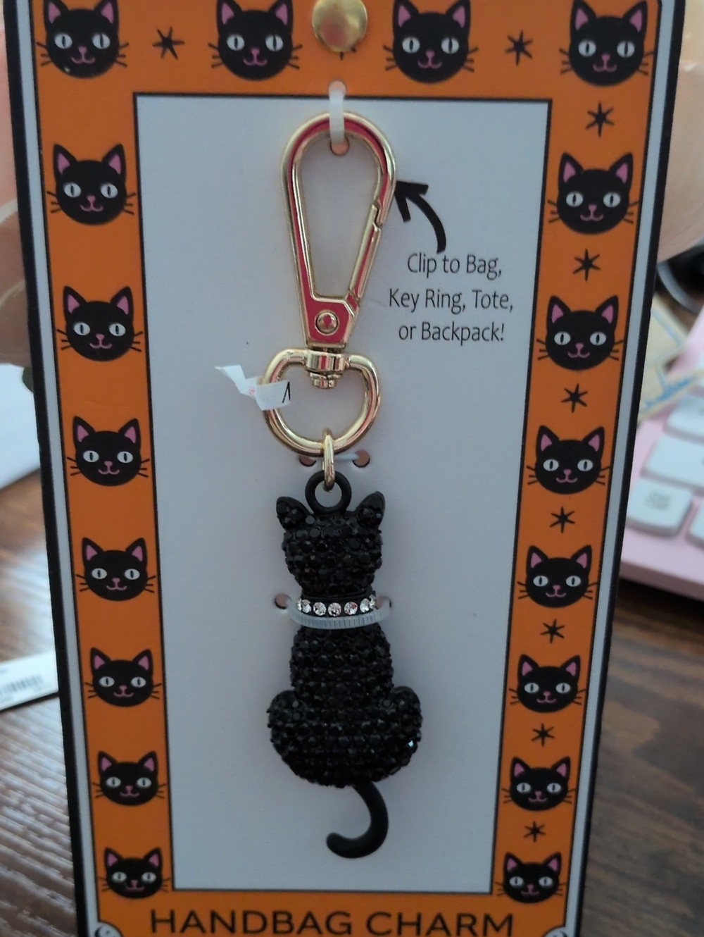 Black Crystal Cat Handbag Charm with Rhinestone Collar